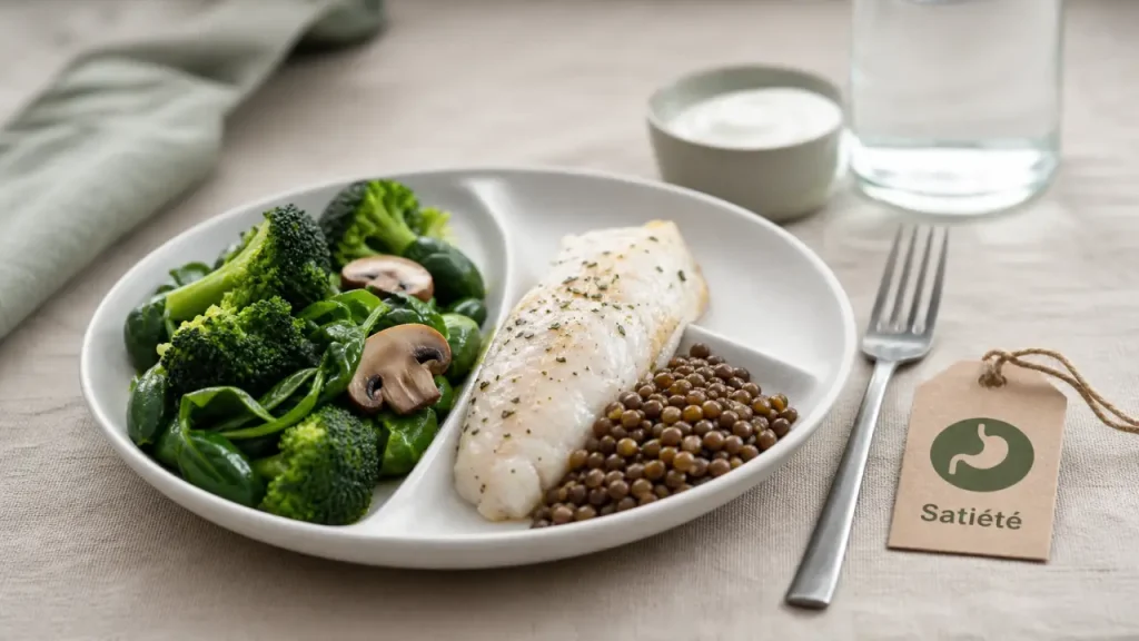 Aliment qui ne font pas grossir : assiette fibres et protéines, légumes, poisson, lentilles