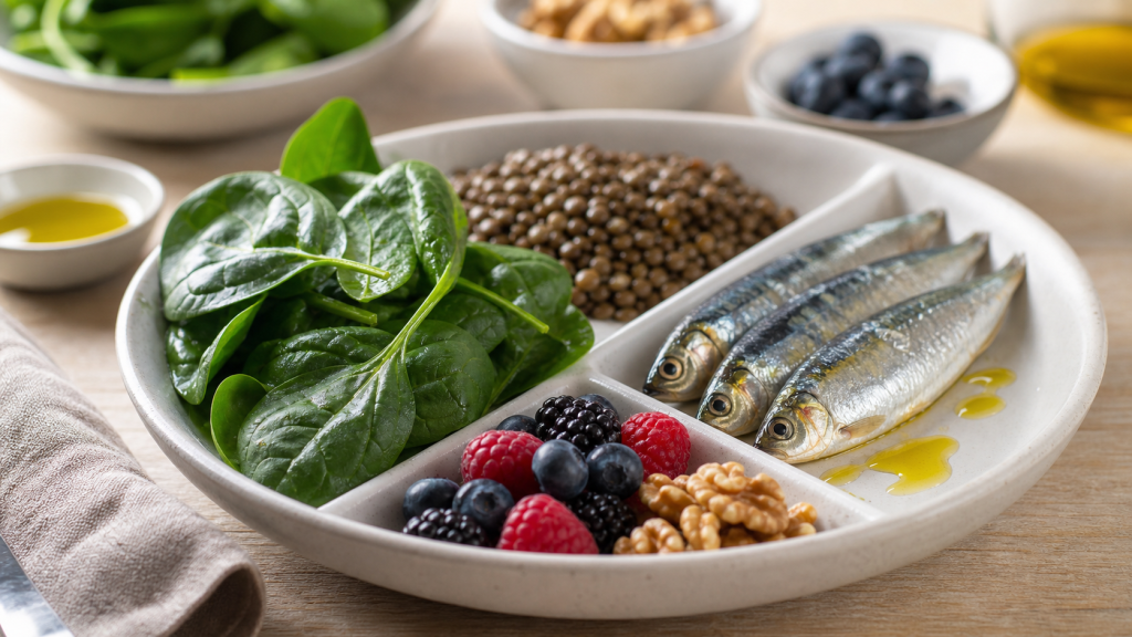 Aliment riche en nutriment : vitamines, fibres et oméga-3, assiette d’épinards, lentilles, sardines, noix, baies
