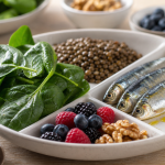 Aliment riche en nutriment : vitamines, fibres et oméga-3, assiette d’épinards, lentilles, sardines, noix, baies