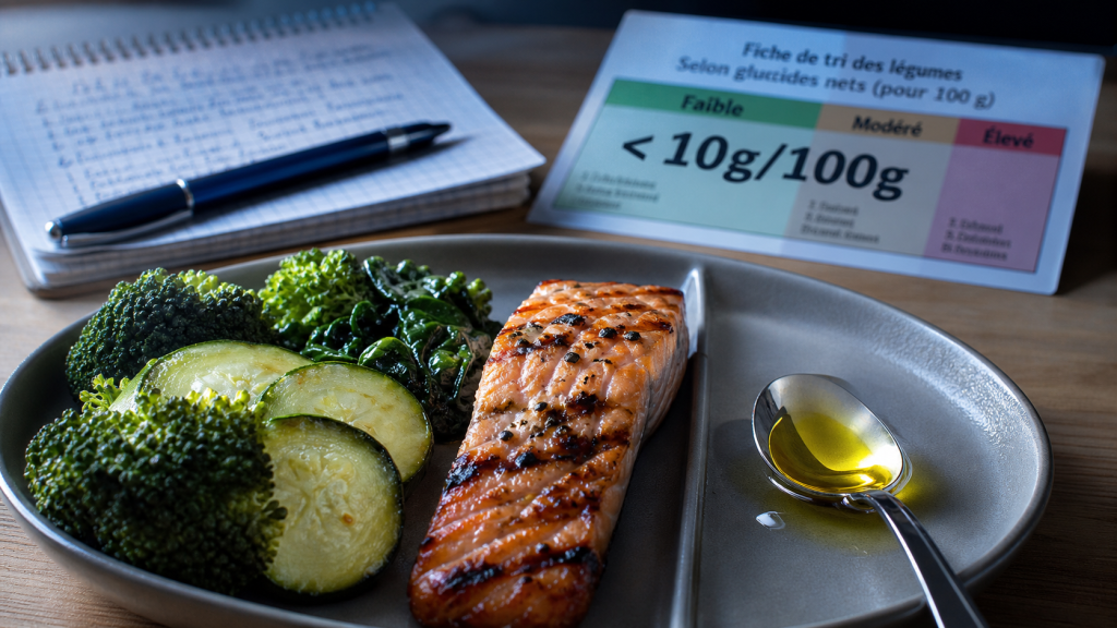 Aliments pauvre en glucide : assiette légumes et protéines, <10g/100g