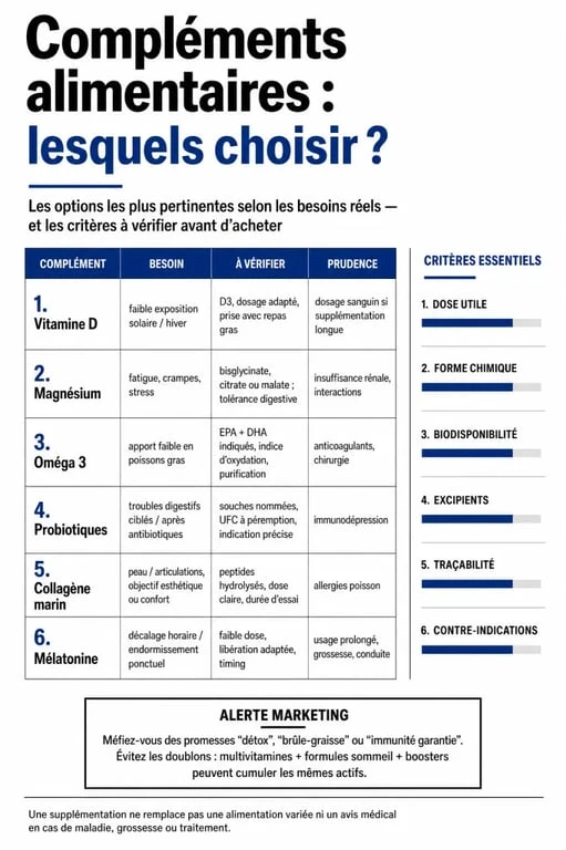 Infographie sur les meilleurs complements alimentaires à choisir selon les besoins, avec critères de sélection et précautions