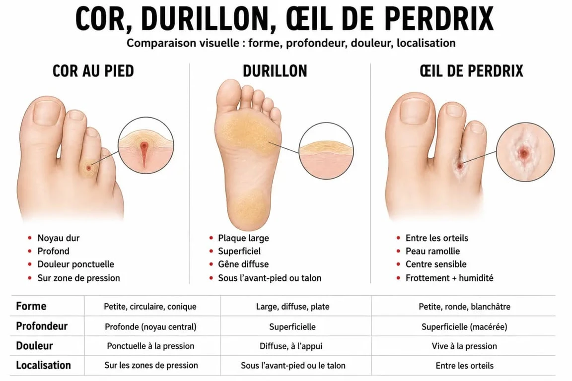 Cor au pied ou durillon : illustration comparative des différences entre cor, durillon et œil de perdrix