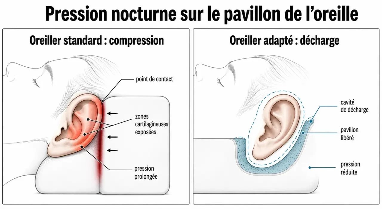 Schéma du mal au cartilage de l’oreille en dormant avec zones de pression sur l’oreille et l’oreiller
