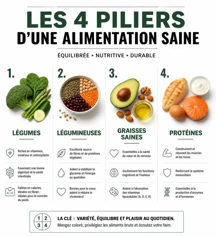 Infographie des aliments bons pour la santé et leurs bienfaits nutritionnels