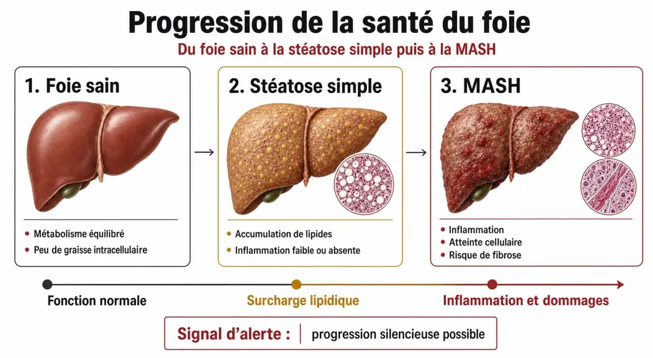 Schéma explicatif de la progression de la graisse dans le foie : stéatose hépatique et stéatohépatite