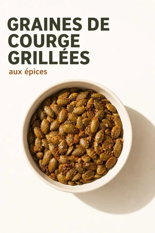 Graines de courge grillées aux épices dans un bol, prêtes à être consommées