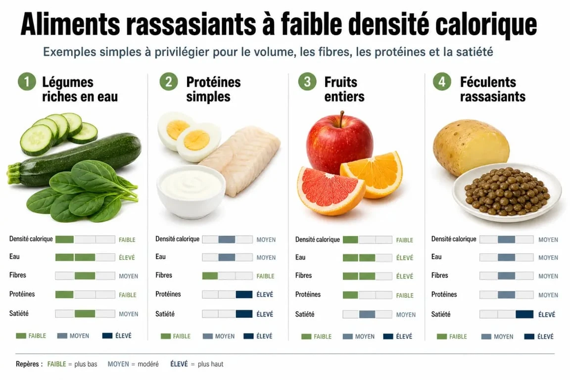 Aliments qui ne font pas grossir : comparaison visuelle des légumes, protéines maigres, fruits entiers et féculents rassasiants