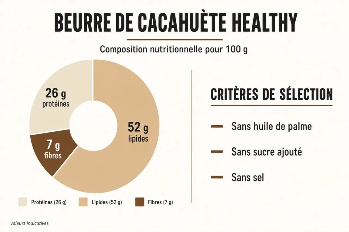 Infographie nutritionnelle du beurre de cacahuète healthy : composition et critères de sélection pour un produit sain