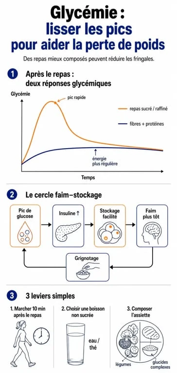 Schéma explicatif pour faire baisser la glycemie perte de poids avec courbe de glucose, insuline et conseils pratiques