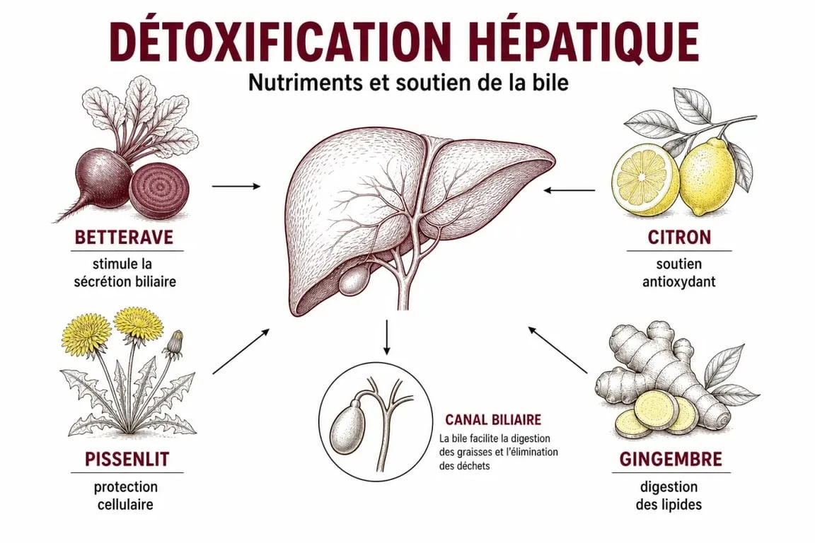 Infographie sur les bienfaits des ingrédients naturels pour le foie dans le cadre d'un jus detox