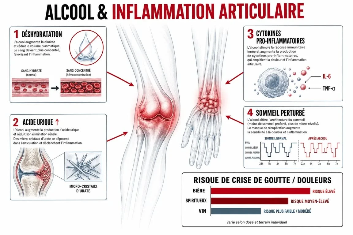 Alcool et inflammation articulaire : schéma des mécanismes et des risques selon le type de boisson