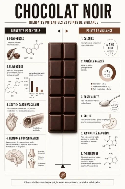 Infographie sur le chocolat noir bienfaits et méfaits : antioxydants, cœur, calories et sensibilité à la caféine