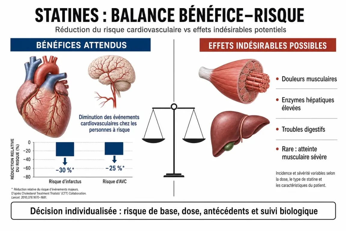Infographie sur la balance bénéfice-risque des statines et les effets secondaires à surveiller