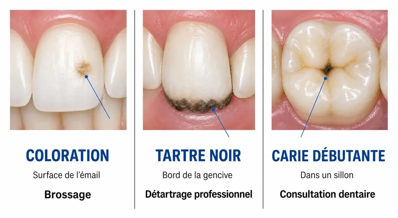 Tache noir sur les dents comment enlever : comparaison visuelle entre coloration, tartre et carie
