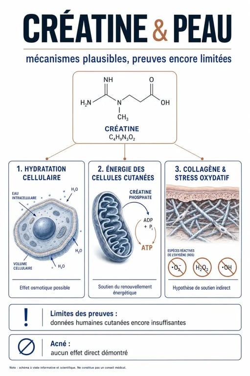 Créatine effet sur la peau : schéma des effets potentiels sur l’hydratation, l’élasticité et l’acné