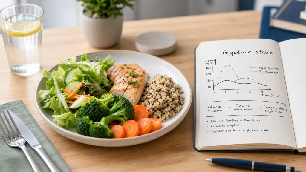 Assiette pour faire baisser la glycemie et soutenir la perte de poids, muscle et pics à éviter