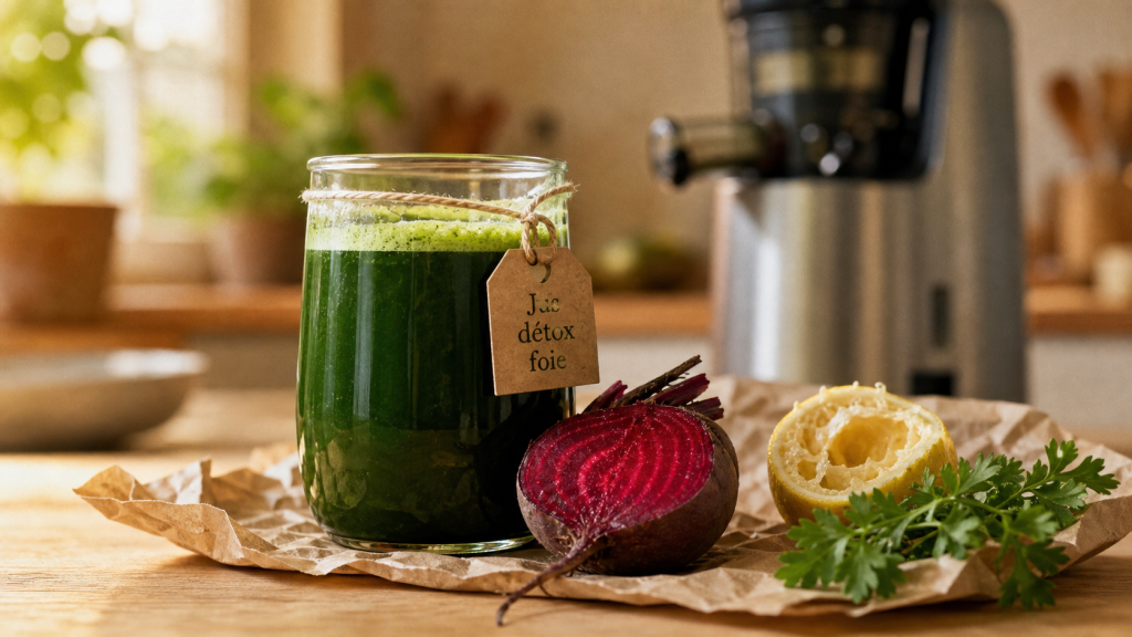 Jus detox pour le foie : verre de jus vert et ingrédients naturels