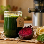 Jus detox pour le foie : verre de jus vert et ingrédients naturels