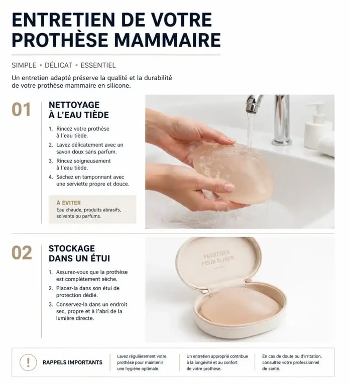 Entretien et nettoyage d'une prothèse mammaire externe