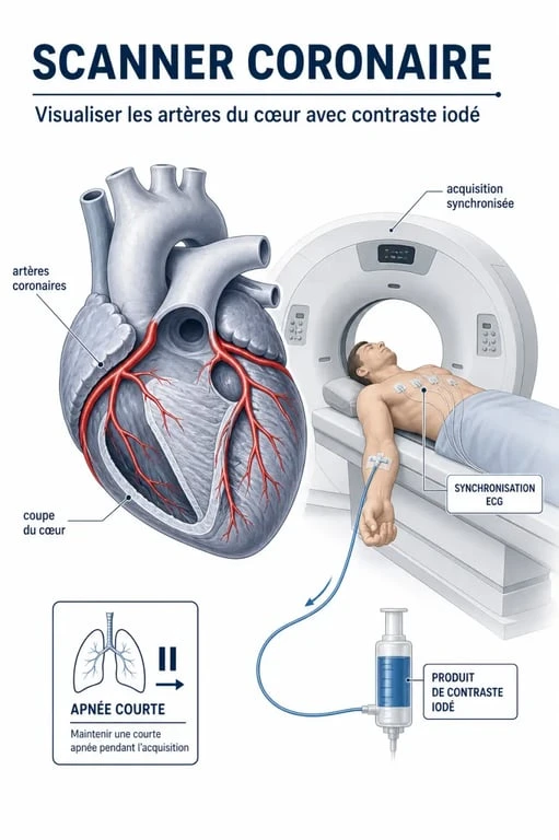 Schéma du scanner coronaire montrant le cœur, les artères coronaires, l’injection et l’ECG