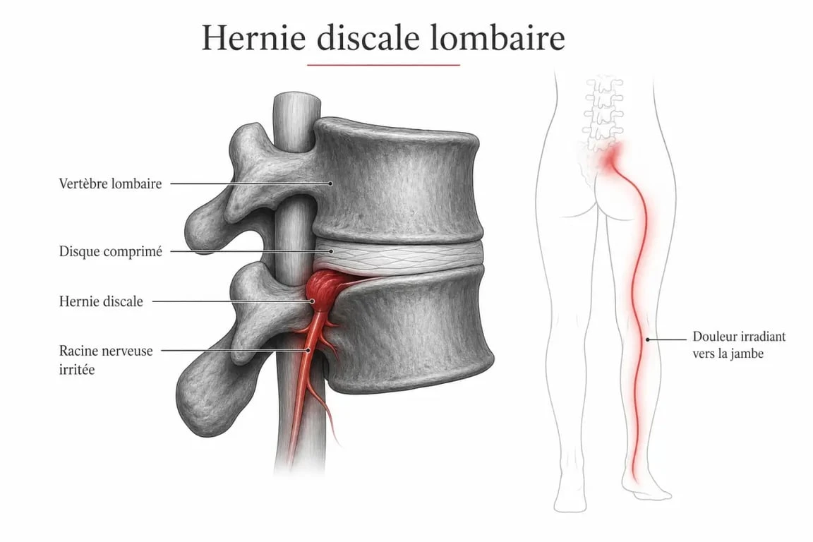 Schéma de hernie discale montrant la compression d'une racine nerveuse