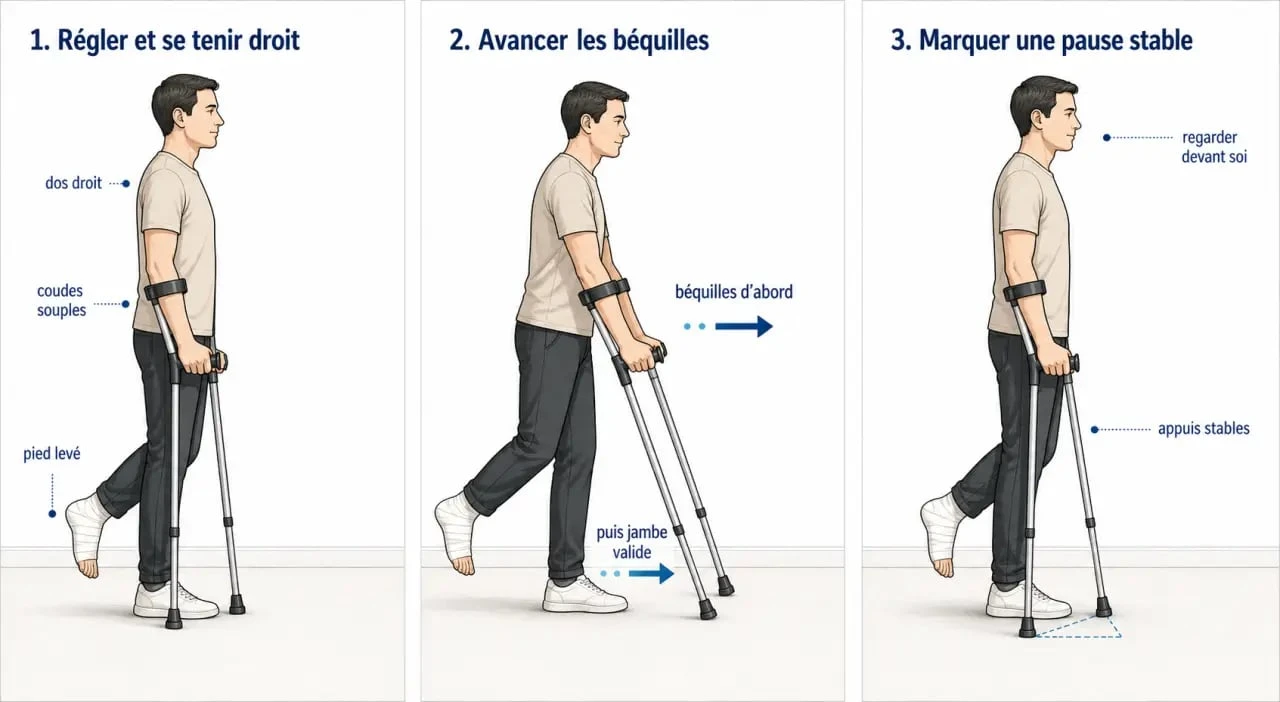 Comment marcher avec des béquilles sans poser le pied : illustration étape par étape d’une personne avançant avec des cannes anglaises