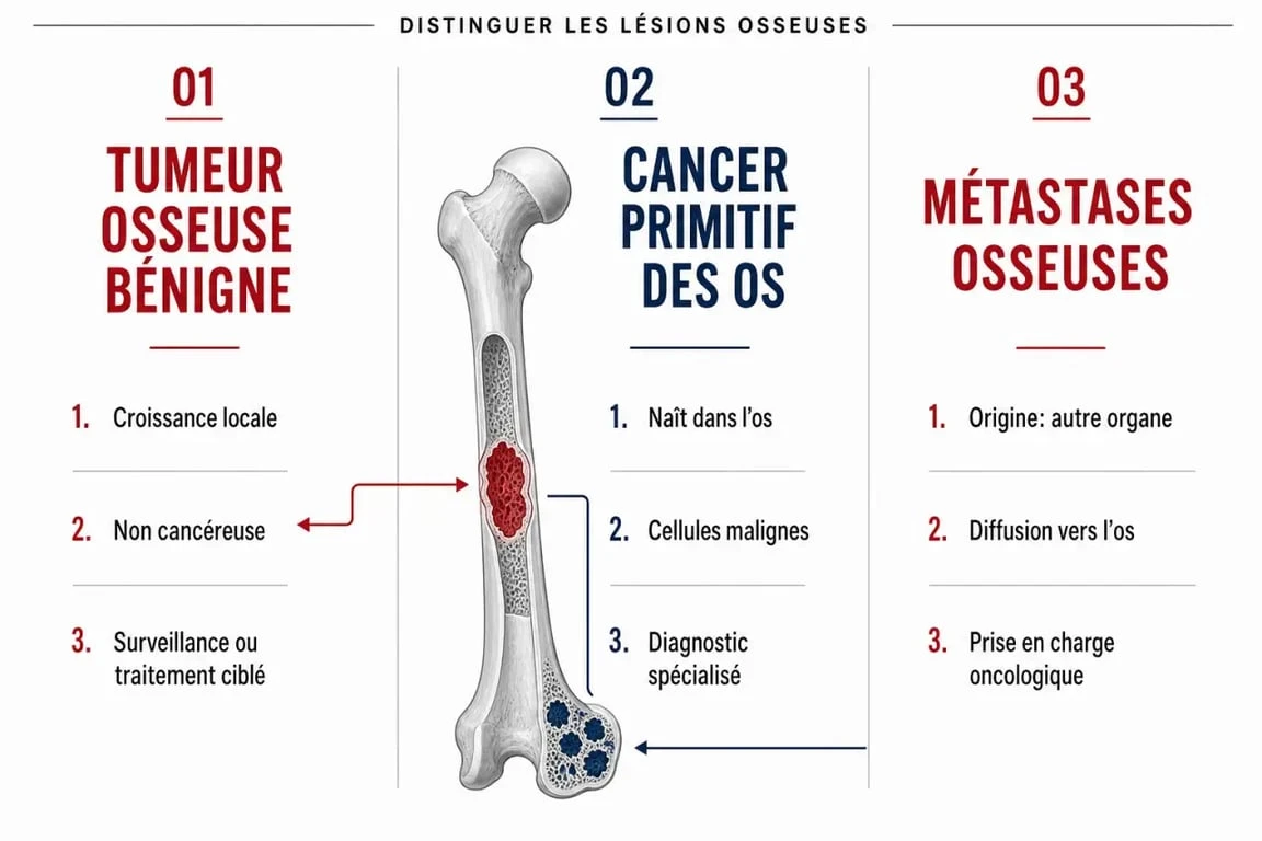 Cancer des os : différence entre tumeur bénigne, cancer primitif et métastases osseuses