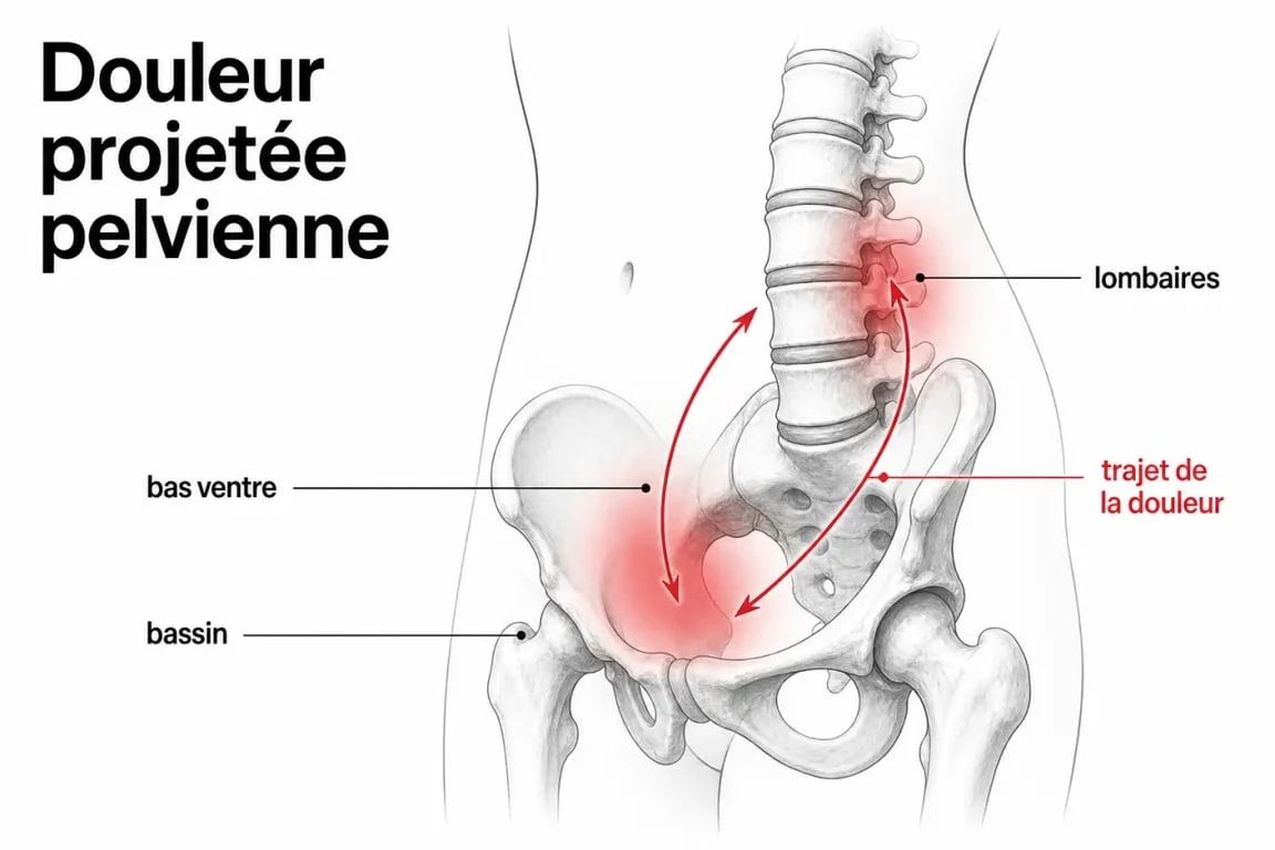 Tiraillement bas ventre et douleur bas du dos : schéma des zones pelviennes et lombaires