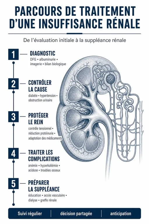 Traitement pour insuffisance rénale : schéma du parcours de soins du diagnostic à la dialyse et à la greffe