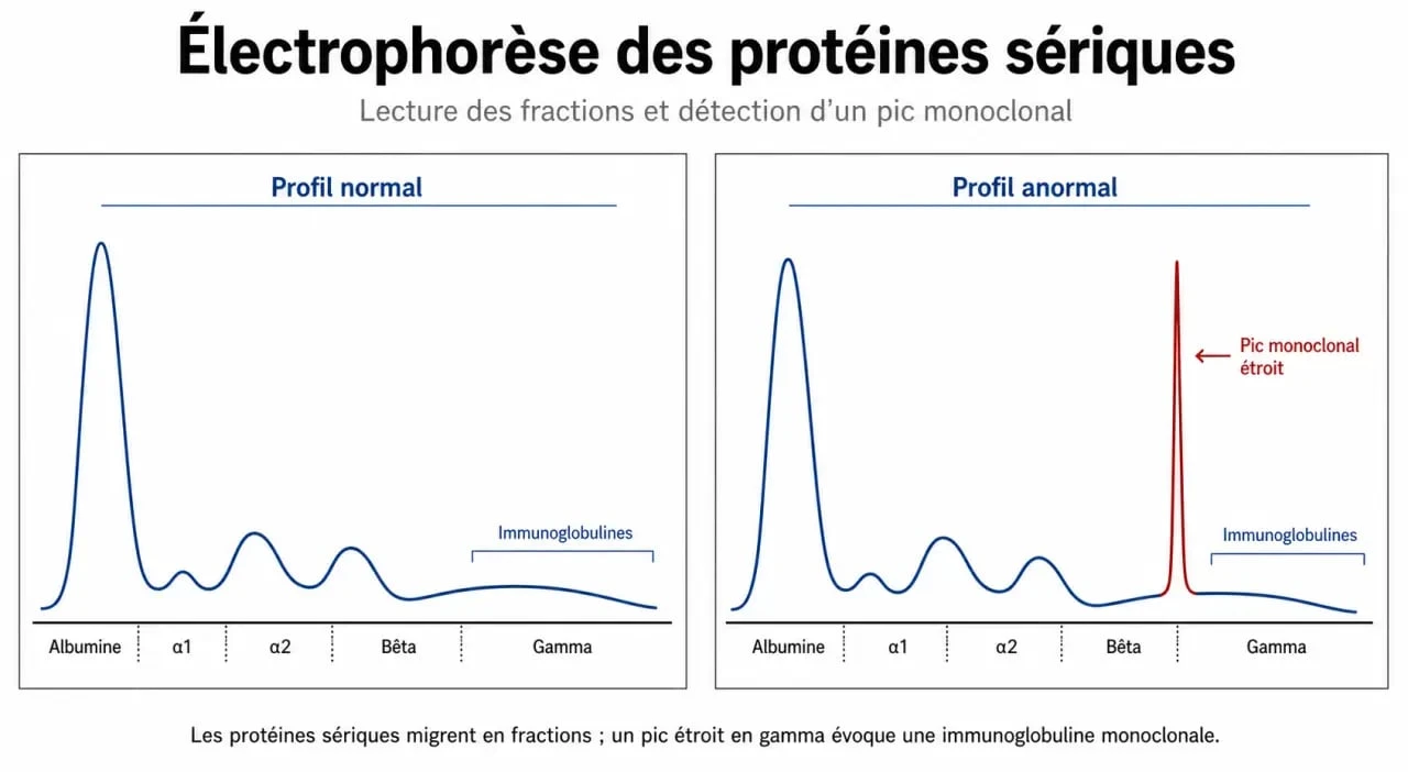 Schéma de l’électrophorèse des protéines cancer avec fractions albumine, alpha, bêta, gamma et pic monoclonal