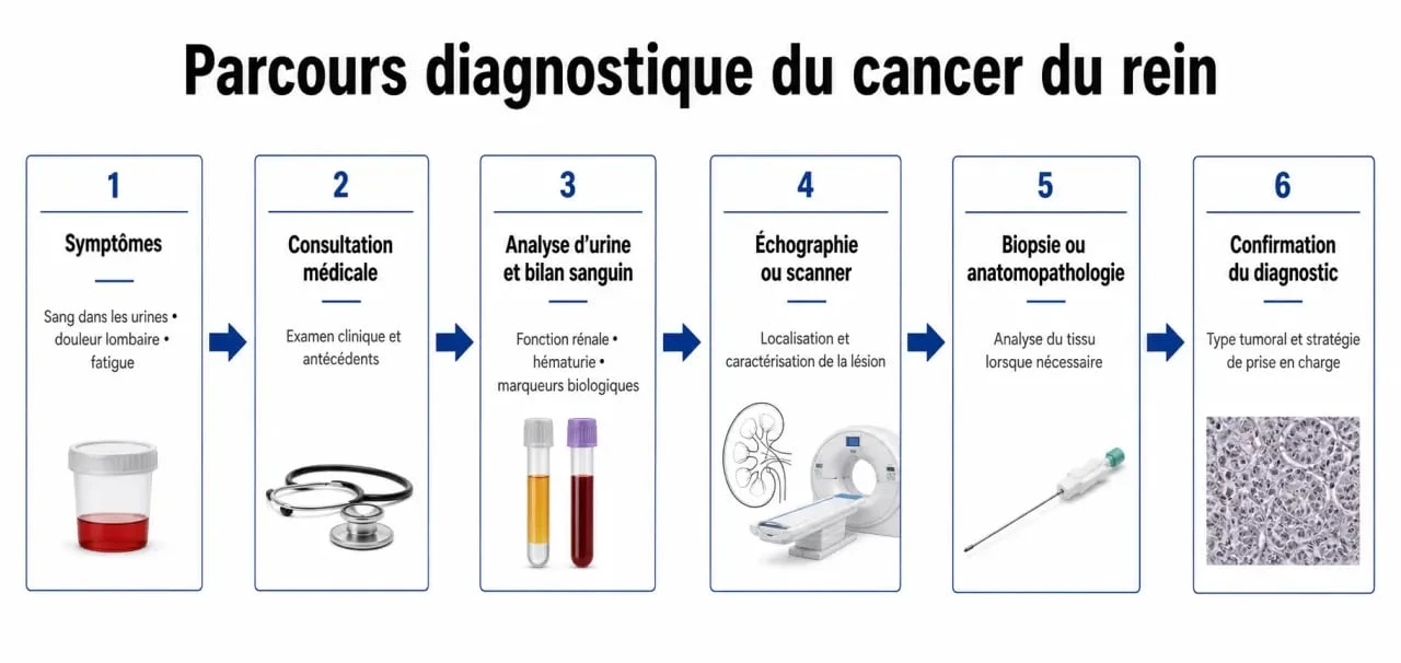 Cancer du rein symptômes : schéma du parcours diagnostique après apparition des signes