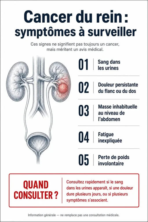 Cancer du rein symptômes : infographie des signes d’alerte et du moment où consulter