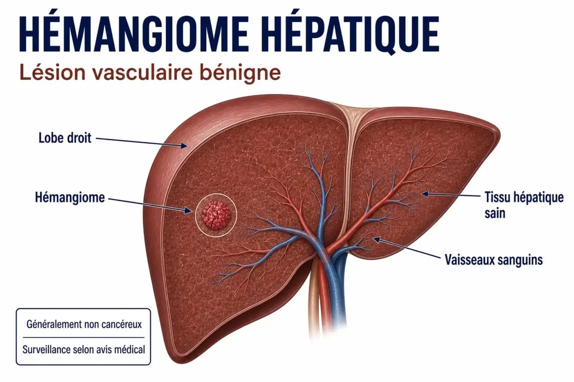 Angiome au fois : schéma du foie montrant un hémangiome hépatique bénin