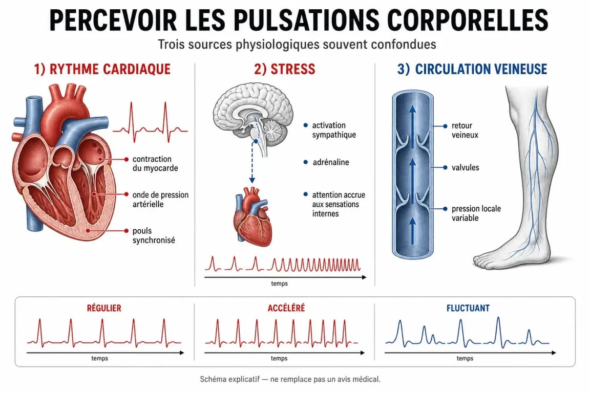 Schéma explicatif des causes de l'impression de sentir son sang circuler et des mécanismes physiologiques associés