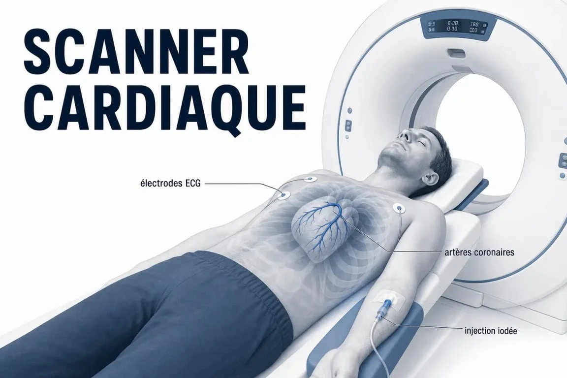 Scanner coeur illustré avec ECG et injection iodée pendant un examen