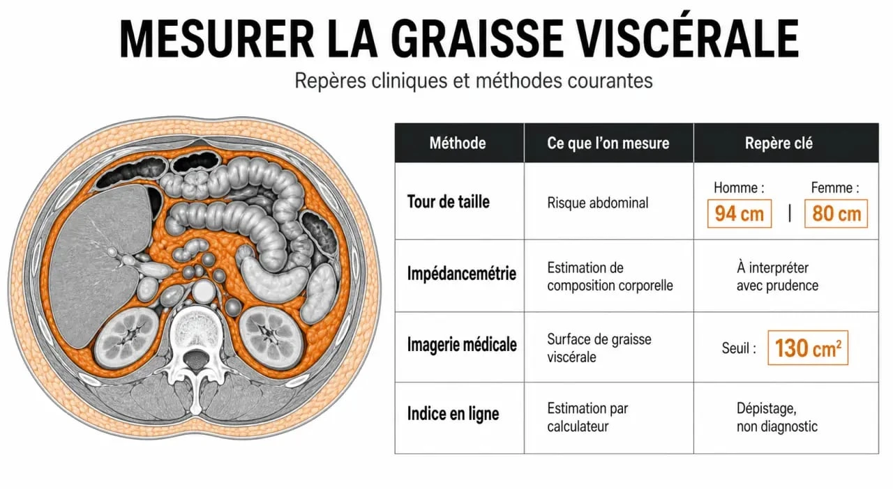 Indice de graisse viscerale : visuel comparant les méthodes de mesure et les seuils de tour de taille