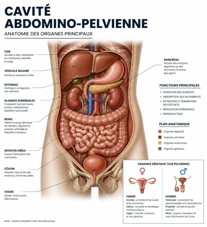 Schéma anatomique des organes explorés lors d'un scanner abdomino-pelvien