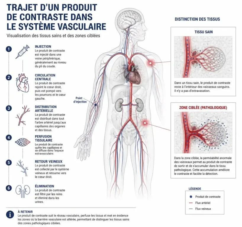 Schéma explicatif du fonctionnement du produit de contraste scanner dans le corps humain