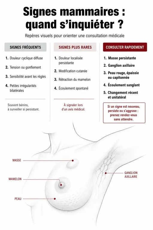 cancer des seines symptomes : comparaison visuelle des signes fréquents et des signes urgents