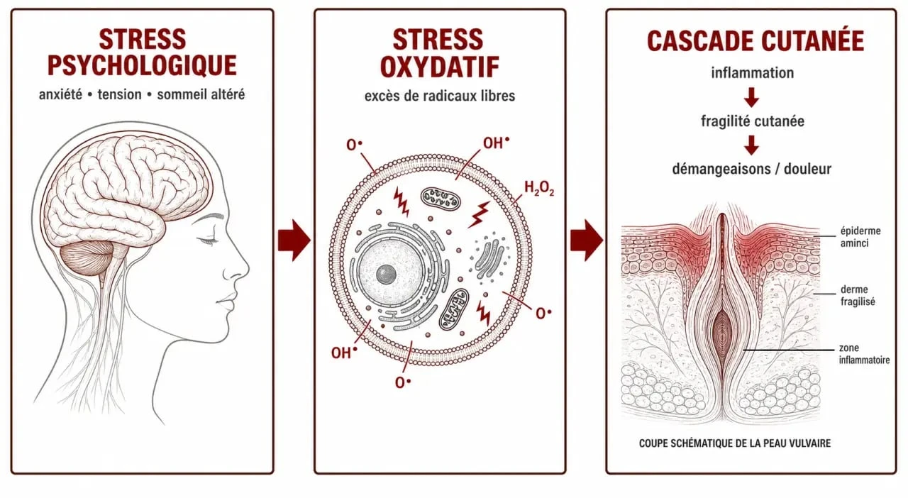 Lichen vulvaire et stress : schéma du lien entre stress psychologique, stress oxydatif et inflammation