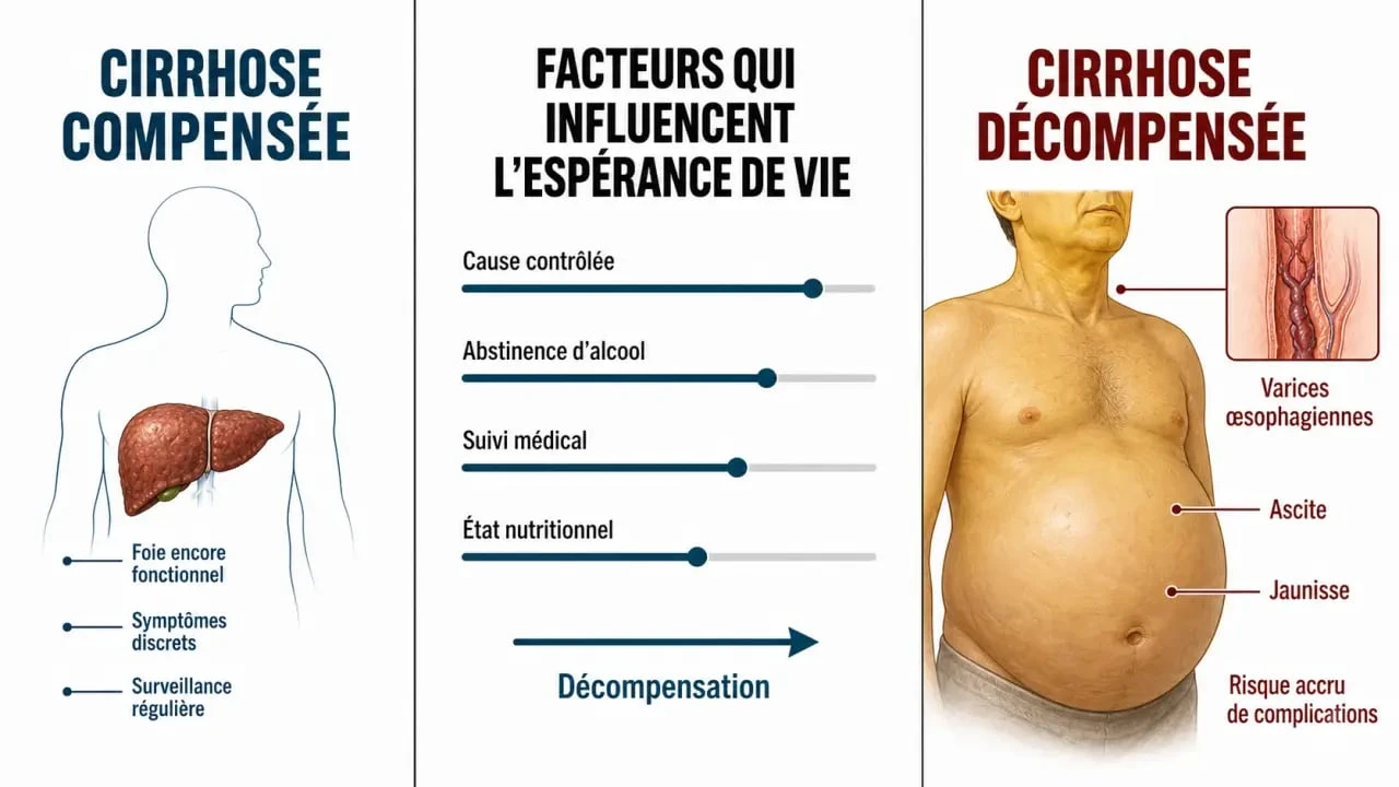 Peut-on vivre longtemps avec une cirrhose du foie : infographie sur la cirrhose compensée, la cirrhose décompensée et les facteurs de pronostic