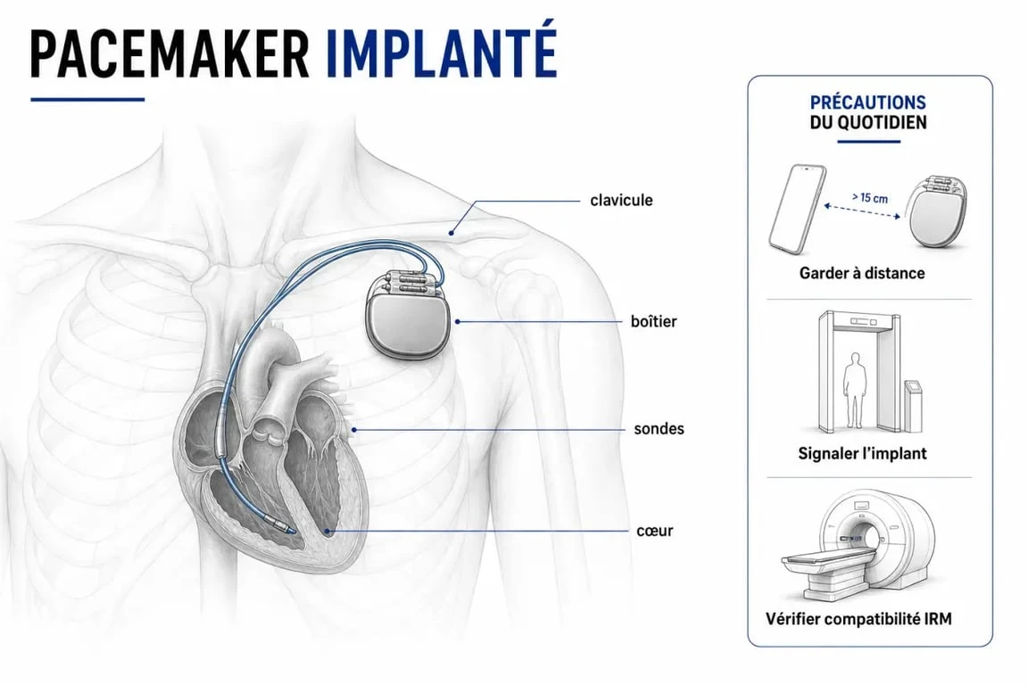 Pacemaker inconvénient : schéma simplifié du boîtier sous la clavicule et des sondes vers le cœur