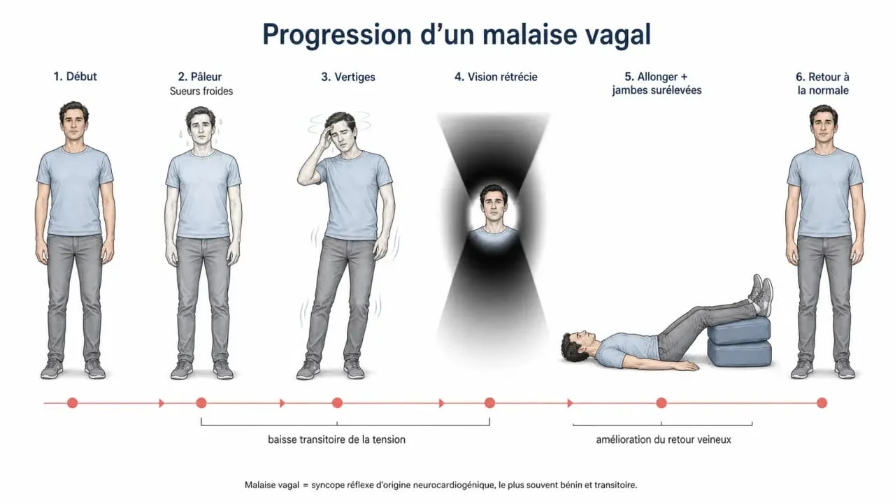 Malaise vagal symptômes : schéma des signes avant-coureurs, de la perte de connaissance brève et des signaux d’alerte