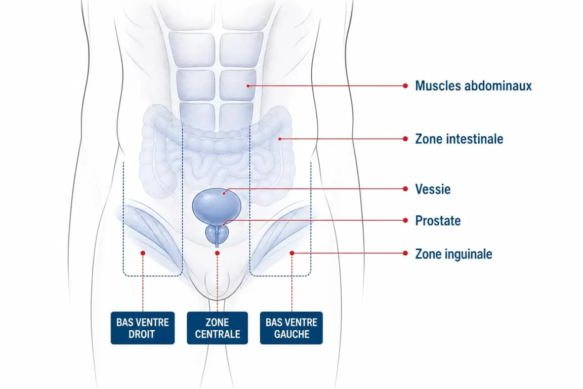 Douleur dans le bas ventre homme : schéma anatomique simplifié des zones pouvant être en cause