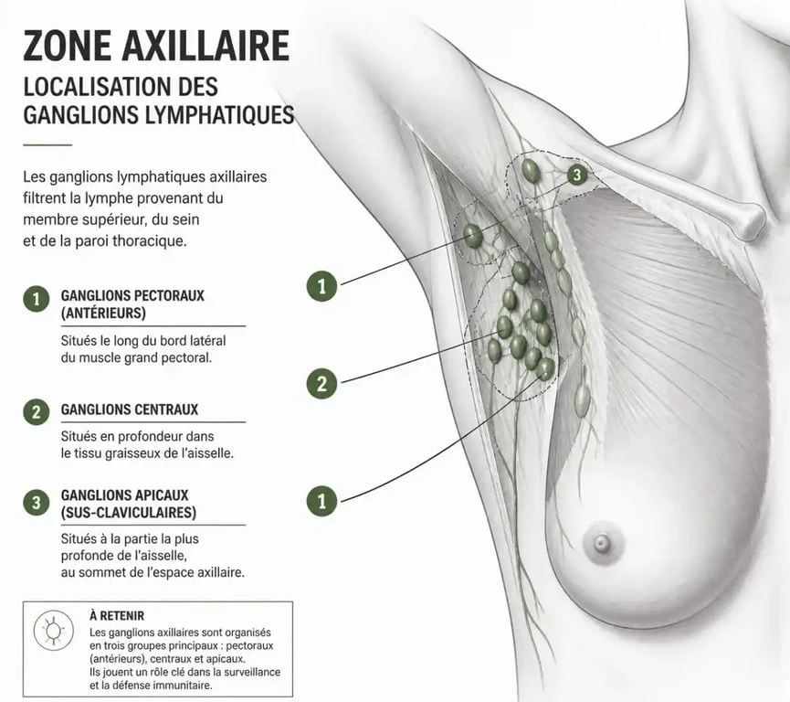 Schéma anatomique des ganglions lymphatiques sous l'aisselle pour identifier une boule sous aisselle