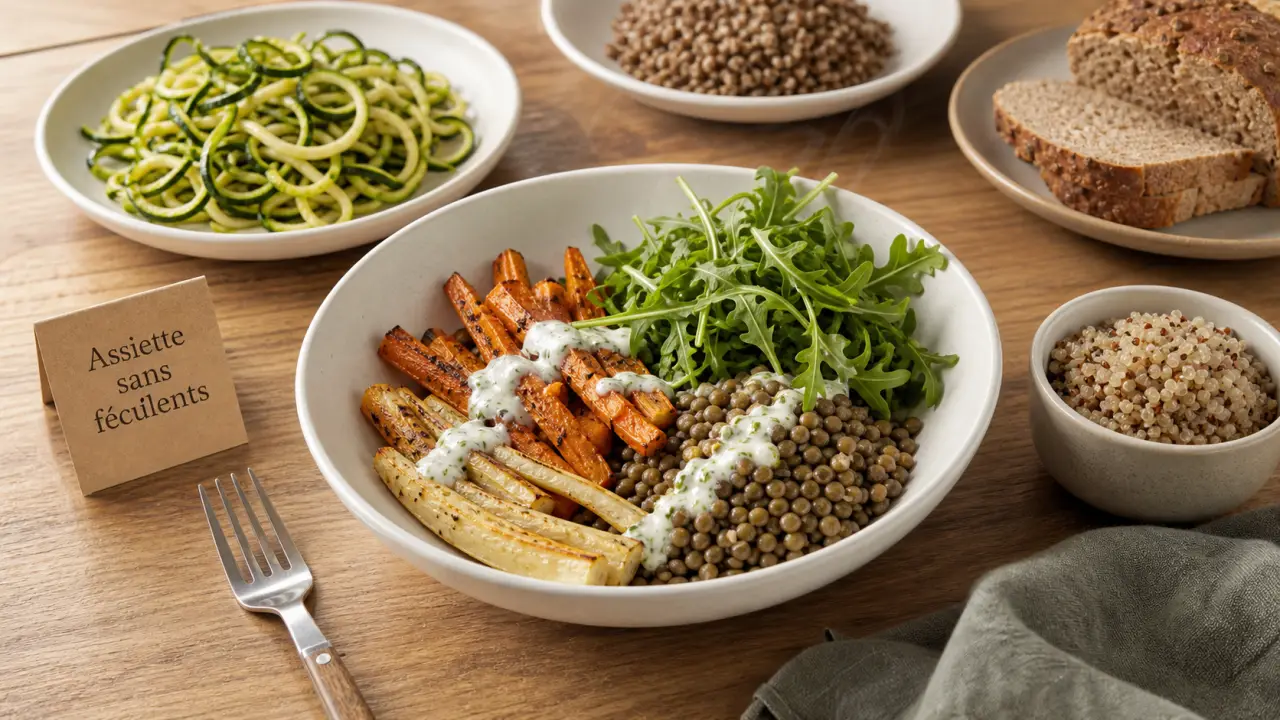 Par quoi remplacer les féculents ? Assiette lentilles, légumes racines et quinoa
