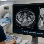 Scanner abdomino pelvien : table et console de radiologie