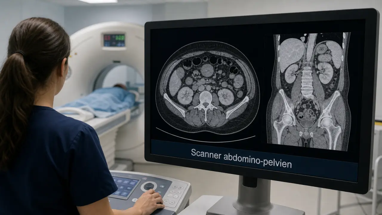 Scanner abdomino pelvien : table et console de radiologie
