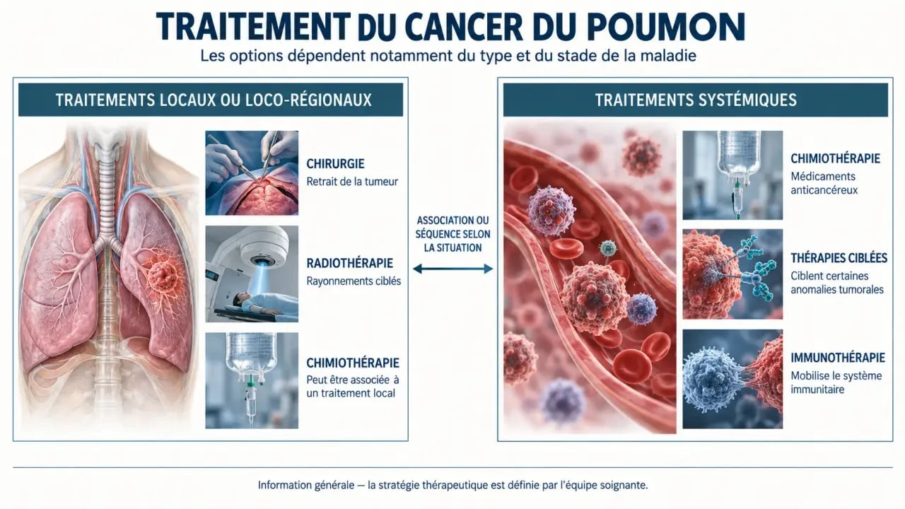 Infographie sur le traitement cancer poumon et les cinq principales options thérapeutiques