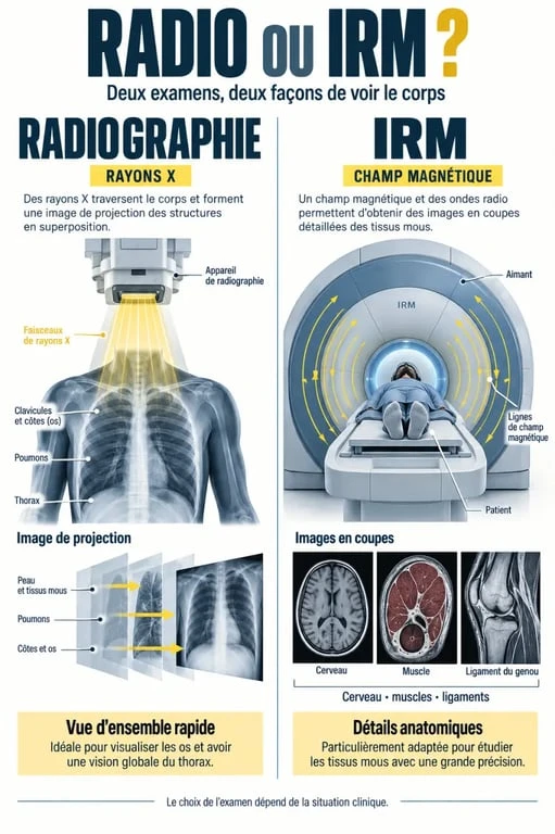 Infographie comparative radio ou IRM : rayons X, champ magnétique, os et tissus mous
